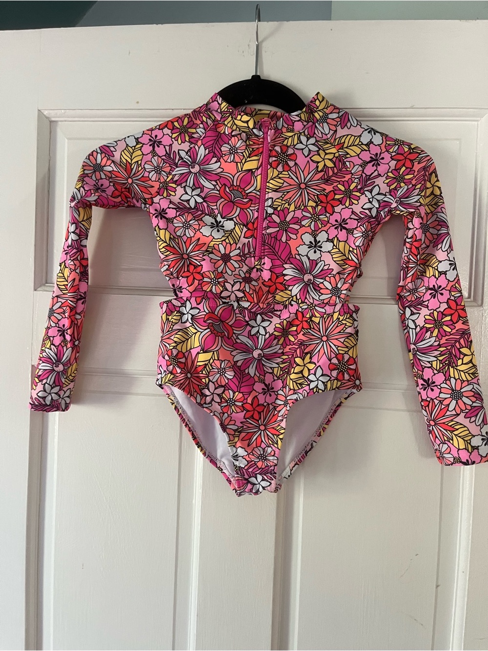Long-Sleeve Floral Kids Rashguard One-Piece Swimsuit - Pink Floral